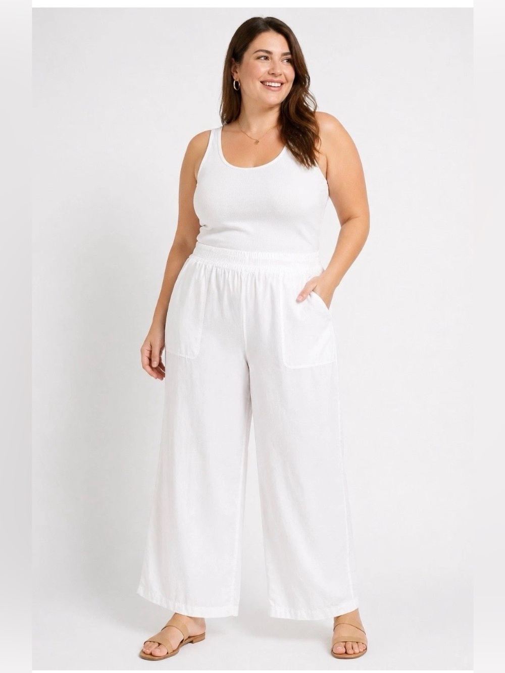 Saks Fifth Ave White Wide Leg Crop Pants Lagenlook Boho Oversized XL coastal